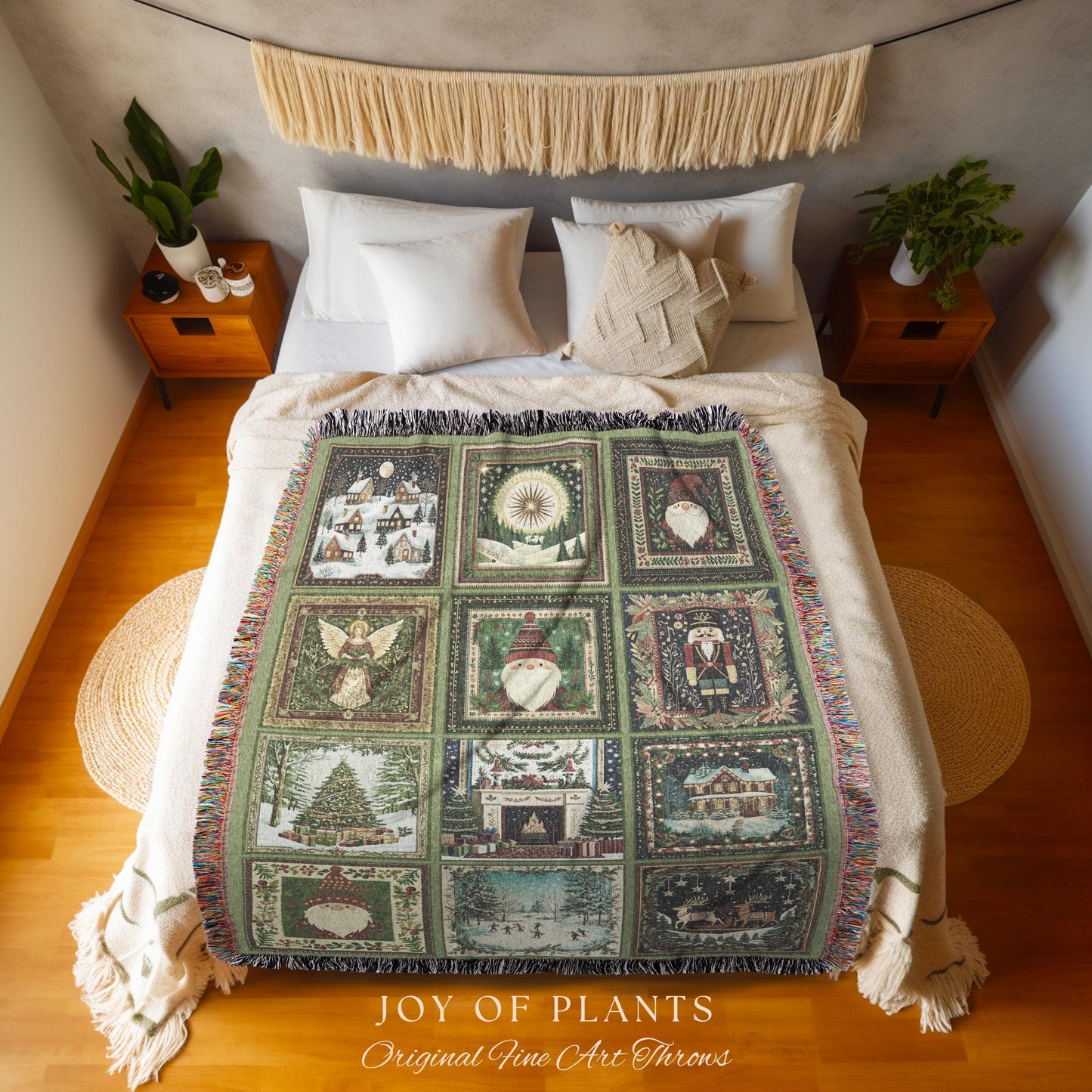 Sage Green Boho Xmas Throw | Woven Winter Wonderland Scandi Christmas Retro Christmas Tree Blanket Merry & Bright Whimsical Yuletide Gift |