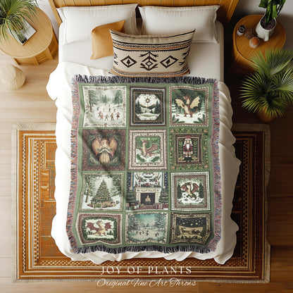 Enchanted Winter Dragon Xmas Tapestry | Cottagecore Festive Whimsical Woven Throw Blanket Cozy Boho Olive Green Seasonal Holiday Decor Gift