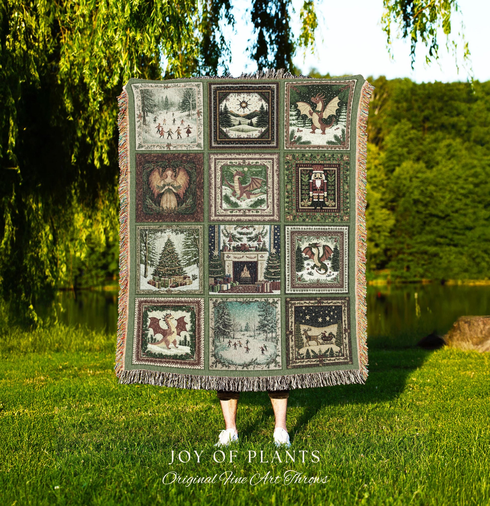 Enchanted Winter Dragon Xmas Tapestry | Cottagecore Festive Whimsical Woven Throw Blanket Cozy Boho Olive Green Seasonal Holiday Decor Gift