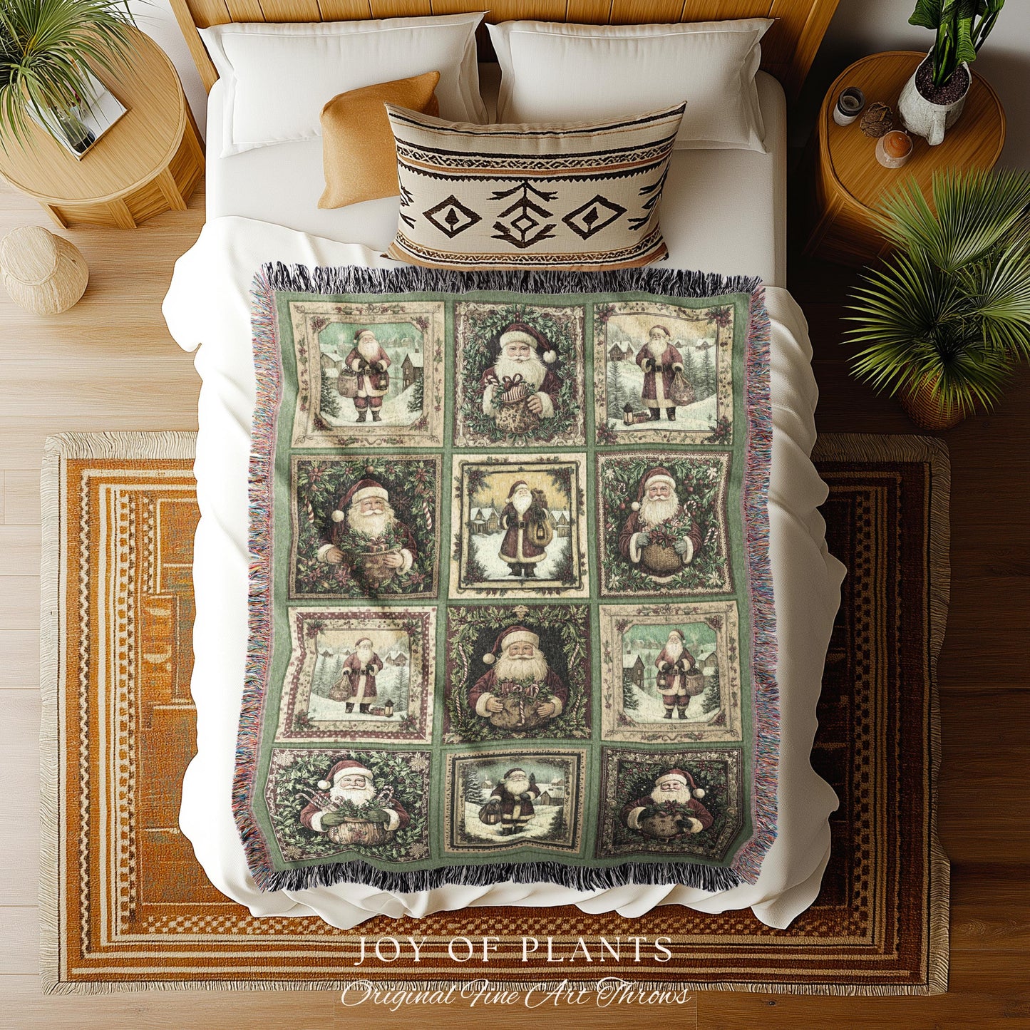 Sage Green Retro Xmas Throw Blanket | Cozy Pastel Santa Claus Home Decor Retro Christmas Whimsical Holiday Winter Wonderland Aesthetic Cute