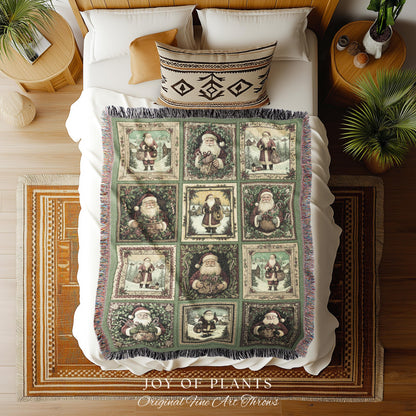 Sage Green Retro Xmas Throw Blanket | Cozy Pastel Santa Claus Home Decor Retro Christmas Whimsical Holiday Winter Wonderland Aesthetic Cute