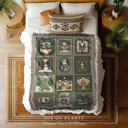 Whimsical Holiday Style Throw Blanket | Sage Green North Star Nostalgia Christmas Woven Tapestry Festive Winter Wonderland Santa Claus Decor