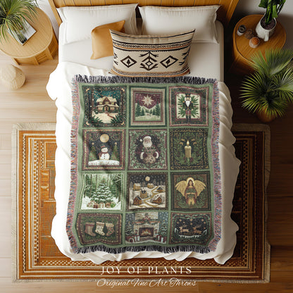 Whimsical Holiday Style Throw Blanket | Sage Green North Star Nostalgia Christmas Woven Tapestry Festive Winter Wonderland Santa Claus Decor