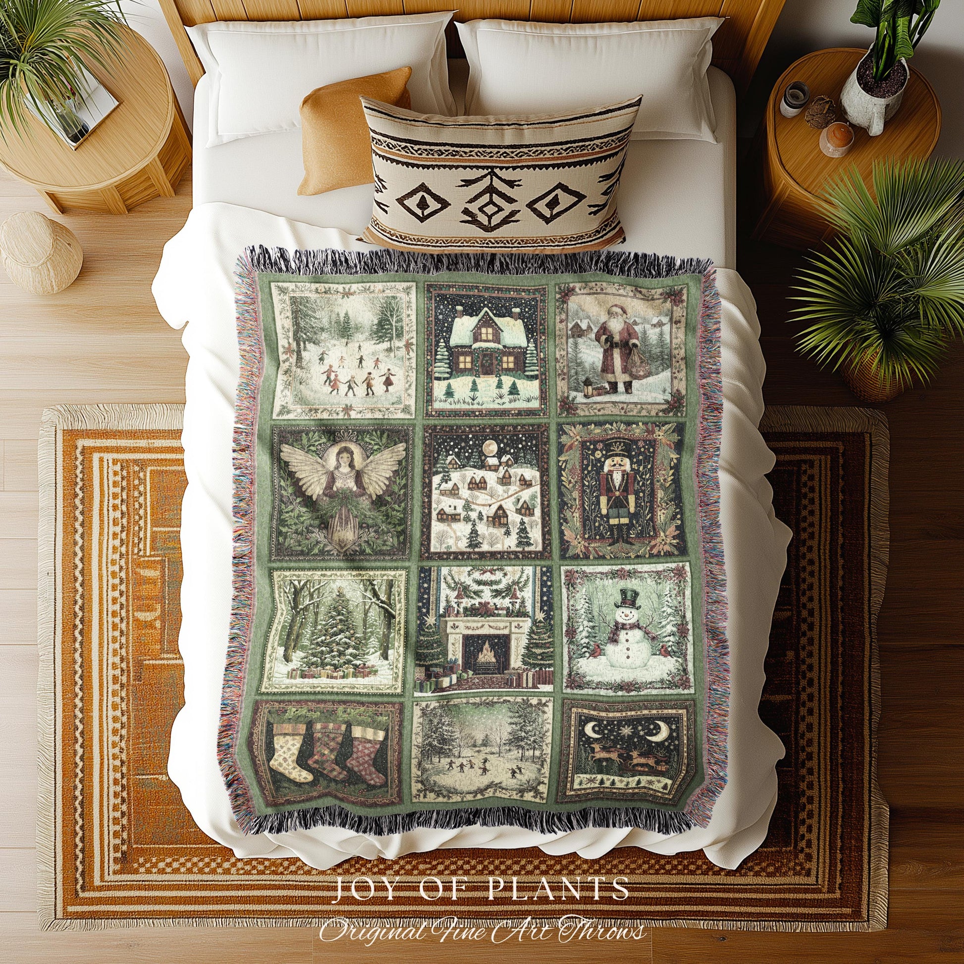 Folklore Xmas Retro Holiday Blanket | Retro Festive Nostalgic Christmas Charm Cozy Cottagecore Winter Wonderland Woven Tapestry Sage green |