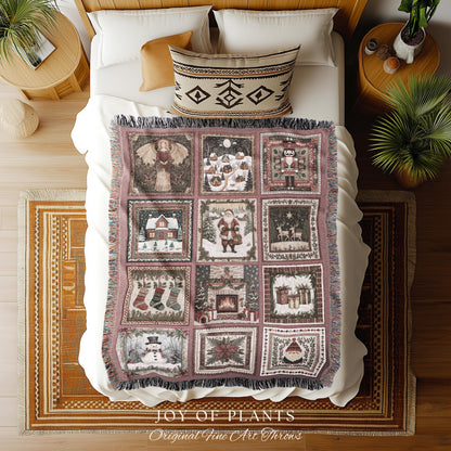 Enchanted Winter Rosy Throw Blanket | Nostalgic Scandinavian Yuletide Tapestry Vintage Christmas Cottagecore Festive Cozy Snowman Decor |