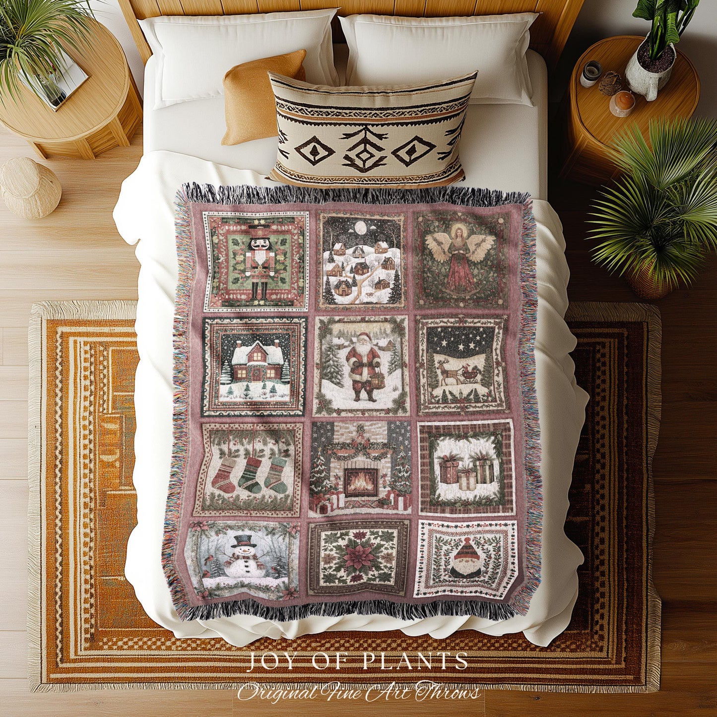 Scandi Aesthetic Christmas Blanket | Vintage Festive Xmas Patchwork Cozy Nostalgic Scandinavian Woven Tapestry Throw Whimsical Winter Style