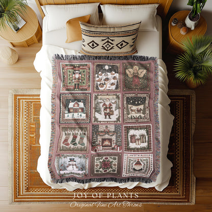 Scandi Aesthetic Christmas Blanket | Vintage Festive Xmas Patchwork Cozy Nostalgic Scandinavian Woven Tapestry Throw Whimsical Winter Style