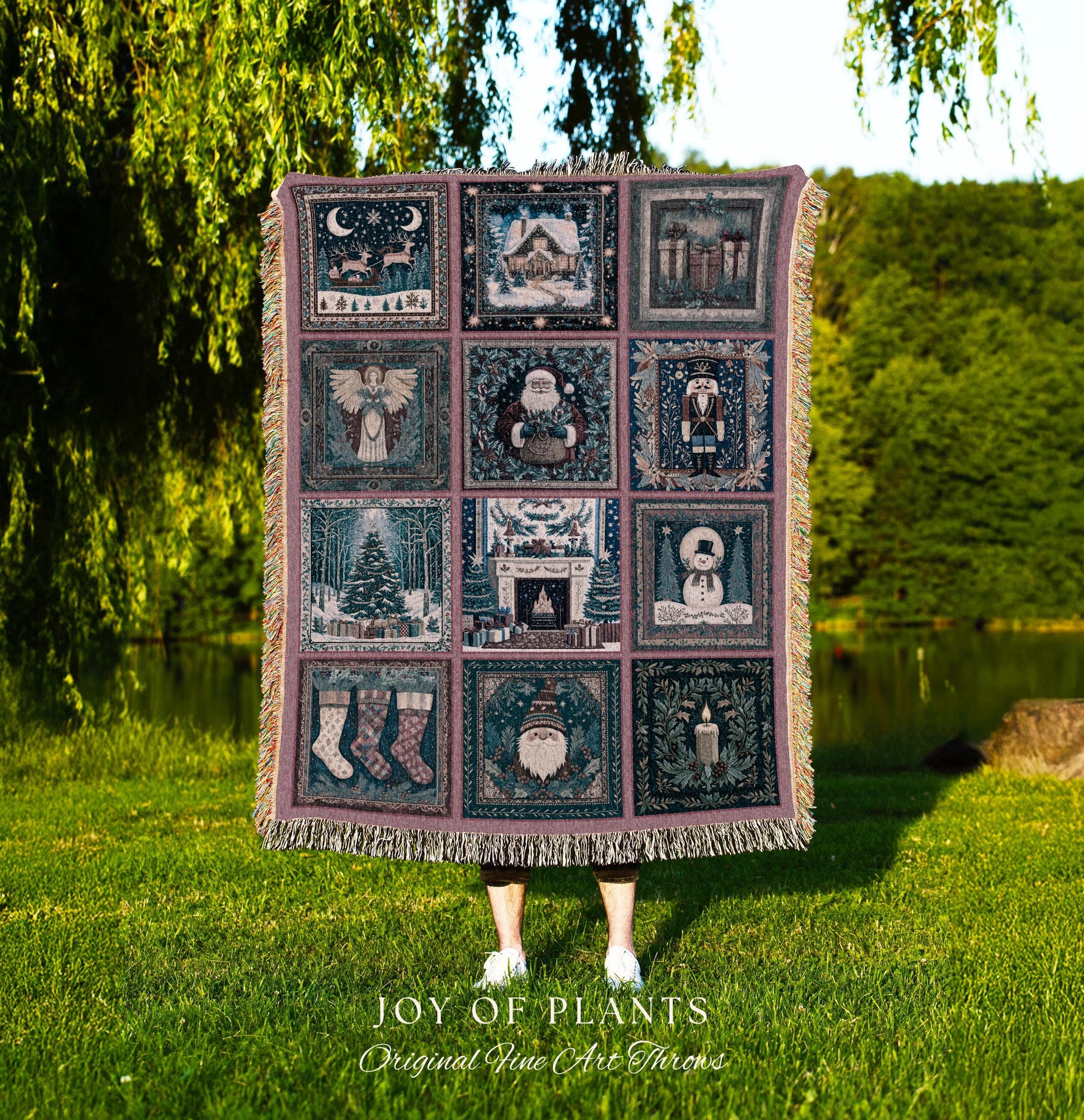 Snowy Winter Night Cozy Woven Throw | Pastel Cottagecore Patchwork Rustic Holiday Nostalgic Scandinavian Festive Yuletide Tapestry Blanket |