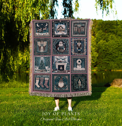 Snowy Winter Night Cozy Woven Throw | Pastel Cottagecore Patchwork Rustic Holiday Nostalgic Scandinavian Festive Yuletide Tapestry Blanket |