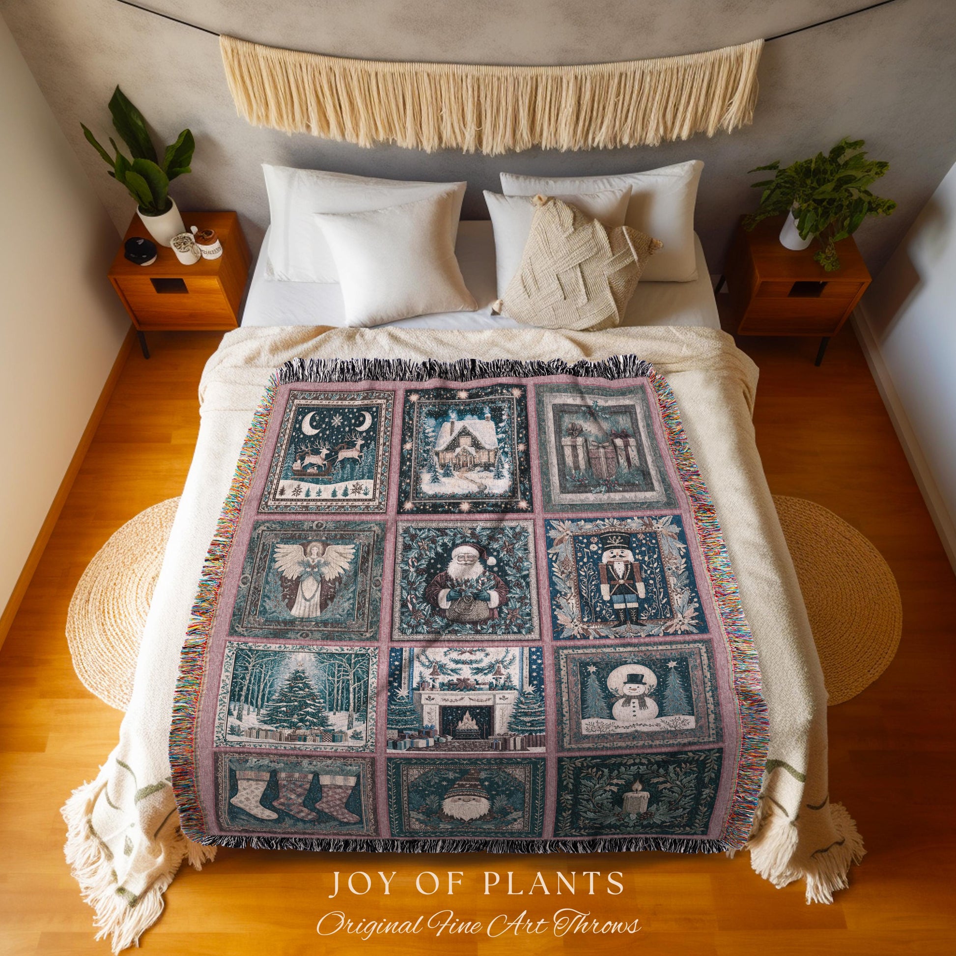 Snowy Winter Night Cozy Woven Throw | Pastel Cottagecore Patchwork Rustic Holiday Nostalgic Scandinavian Festive Yuletide Tapestry Blanket |