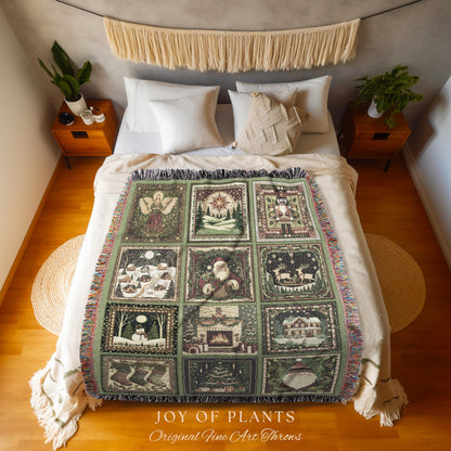 Cute Holiday Wonderland Throw Blanket | Nostalgic Whimsical Scandinavian Festive Christmas Cottagecore Retro Yuletide Winter Woven Tapestry
