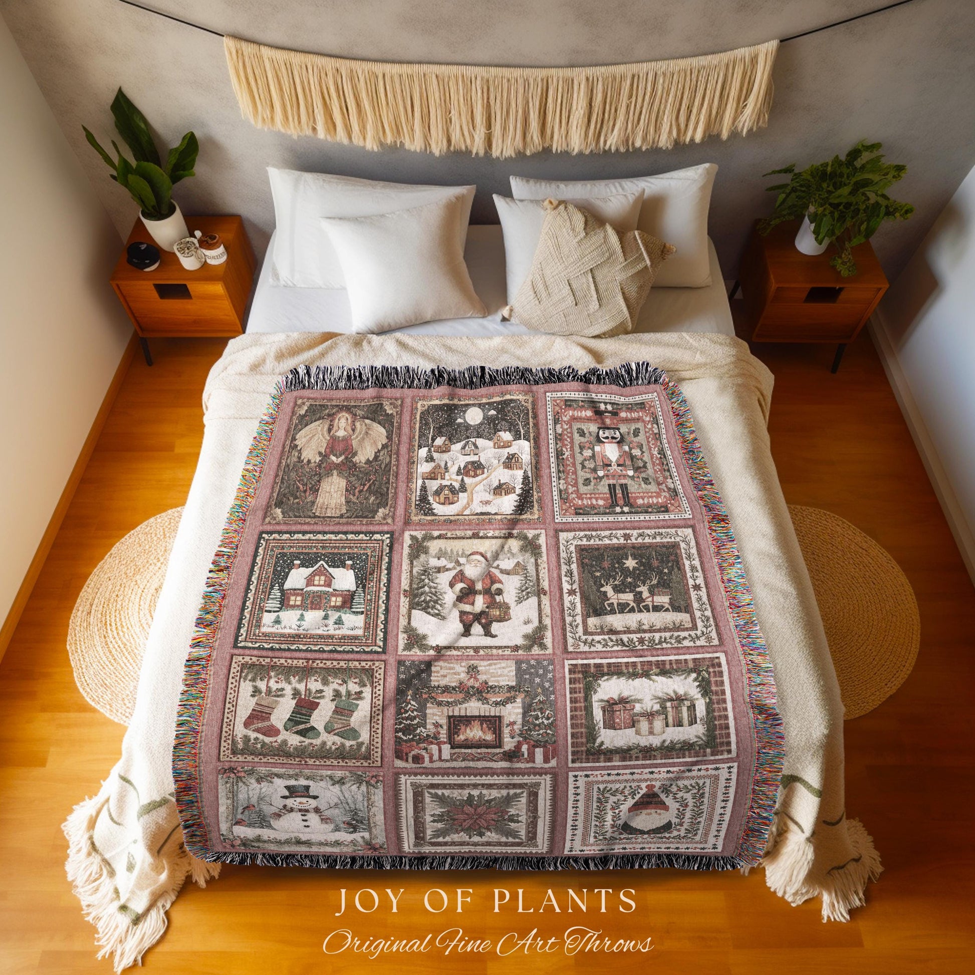 Enchanted Winter Rosy Throw Blanket | Nostalgic Scandinavian Yuletide Tapestry Vintage Christmas Cottagecore Festive Cozy Snowman Decor |