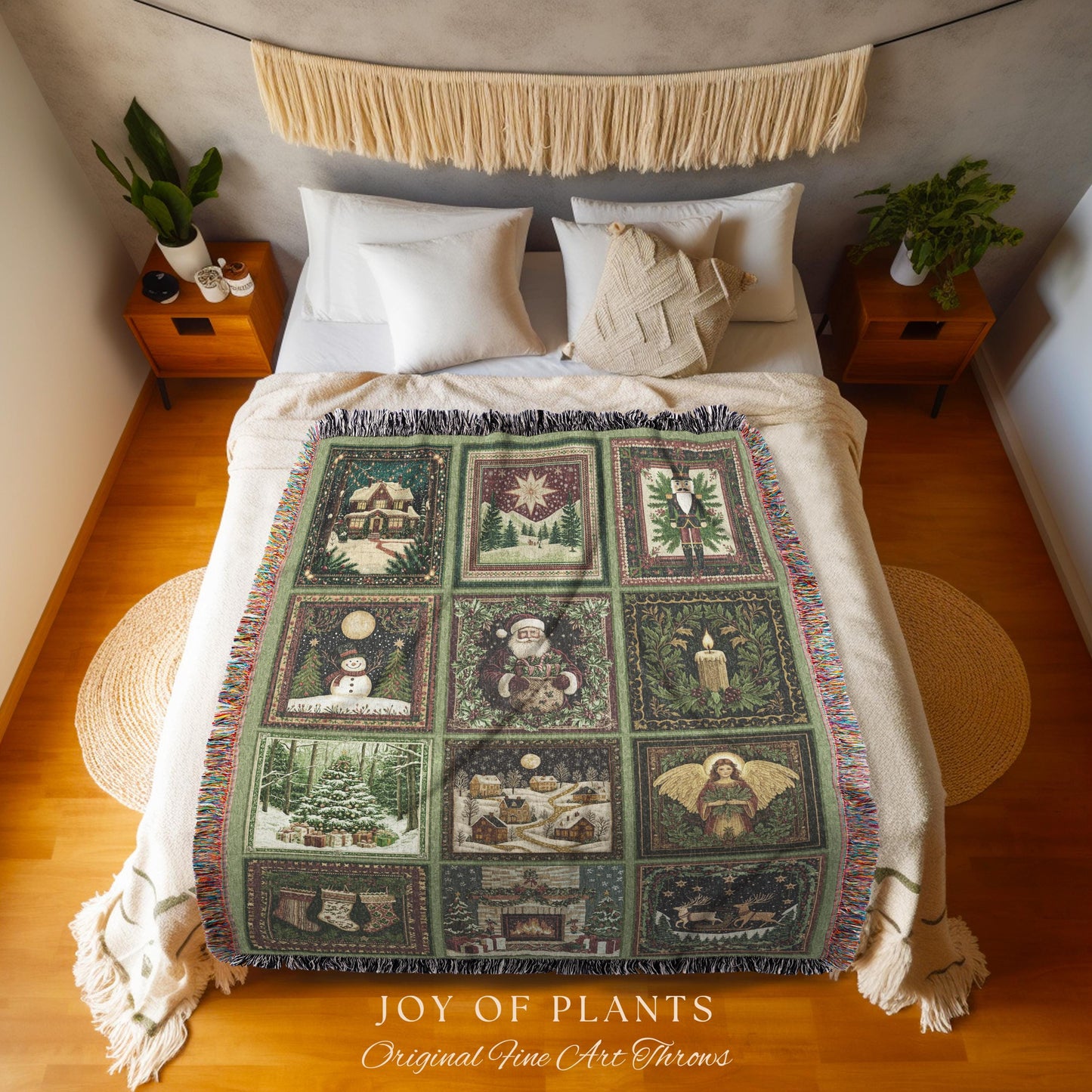 Whimsical Holiday Style Throw Blanket | Sage Green North Star Nostalgia Christmas Woven Tapestry Festive Winter Wonderland Santa Claus Decor