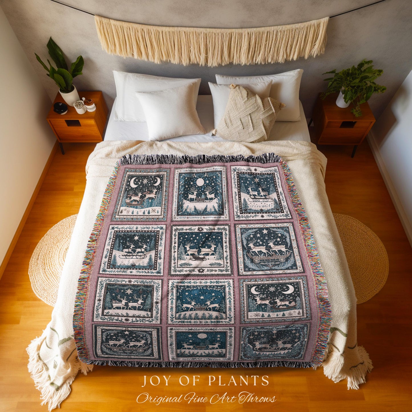 Merry & Bright Reindeer Blanker | Festive Aesthetic Pastel Home Decor Whimsical Holiday Woven Tapestry Boho Scandinavian Style Rustic Cute