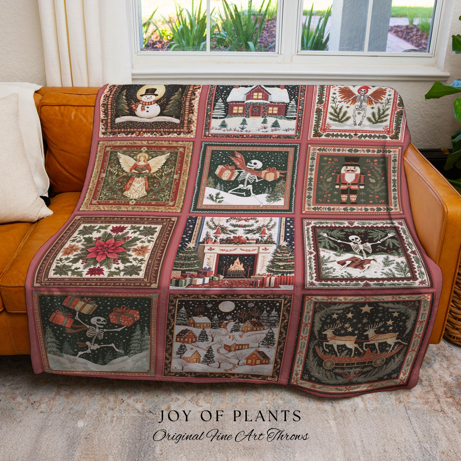 Pastel Christmas Cute Throw Blanket | Nostalgic Festive Skeleton Home Decor Scandinavian Aesthetic Boho Witchy Holiday Patchwork Tapestry |