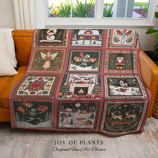 Pastel Christmas Cute Throw Blanket | Nostalgic Festive Skeleton Home Decor Scandinavian Aesthetic Boho Witchy Holiday Patchwork Tapestry |