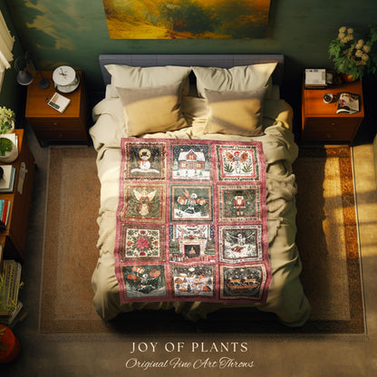 Pastel Christmas Cute Throw Blanket | Nostalgic Festive Skeleton Home Decor Scandinavian Aesthetic Boho Witchy Holiday Patchwork Tapestry |