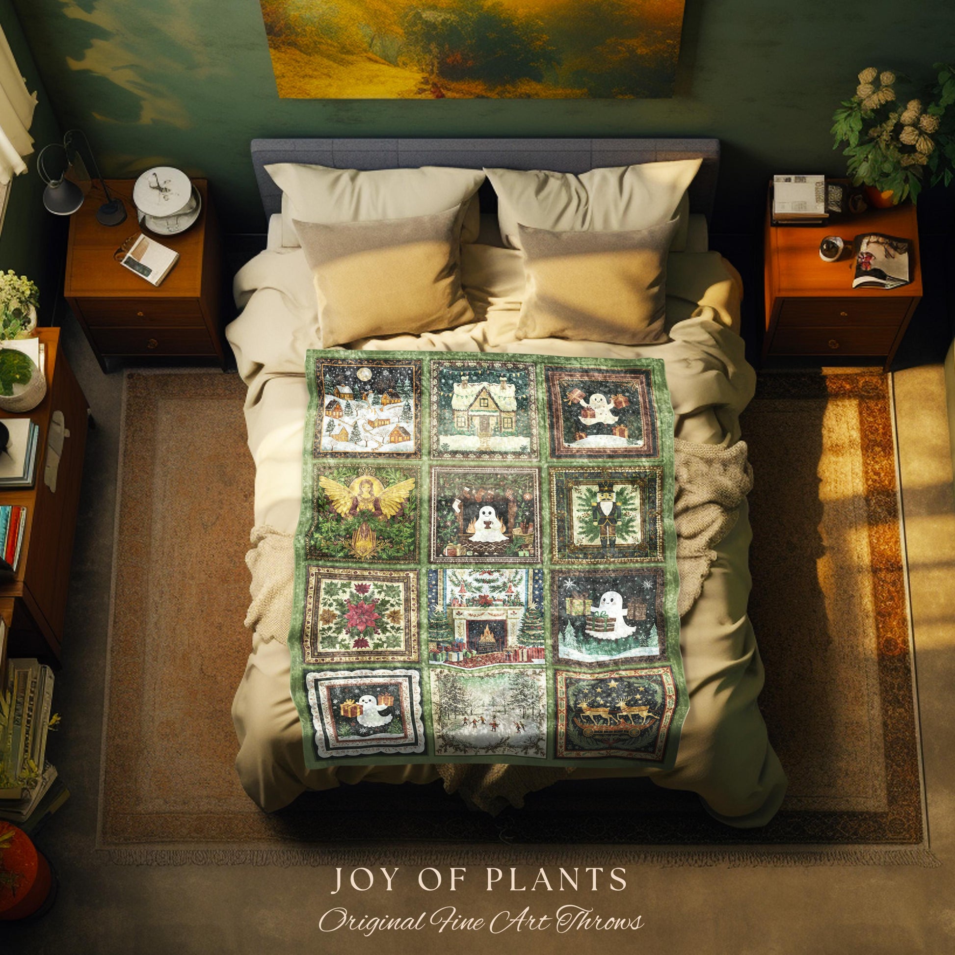 Whimsical Christmas Ghost Throw | Cozy Blanket Making Spirits Bright Retro Holiday Home Aesthetic Olive Green Scandi Boho Witchy Nostalgia |