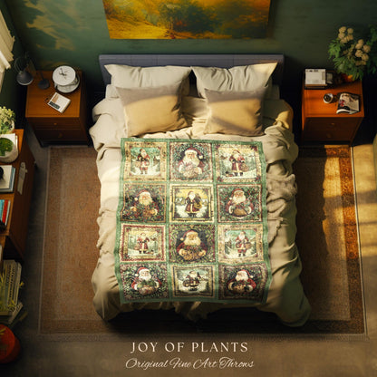 Sage Green Retro Xmas Throw Blanket | Cozy Pastel Santa Claus Home Decor Retro Christmas Whimsical Holiday Winter Wonderland Aesthetic Cute