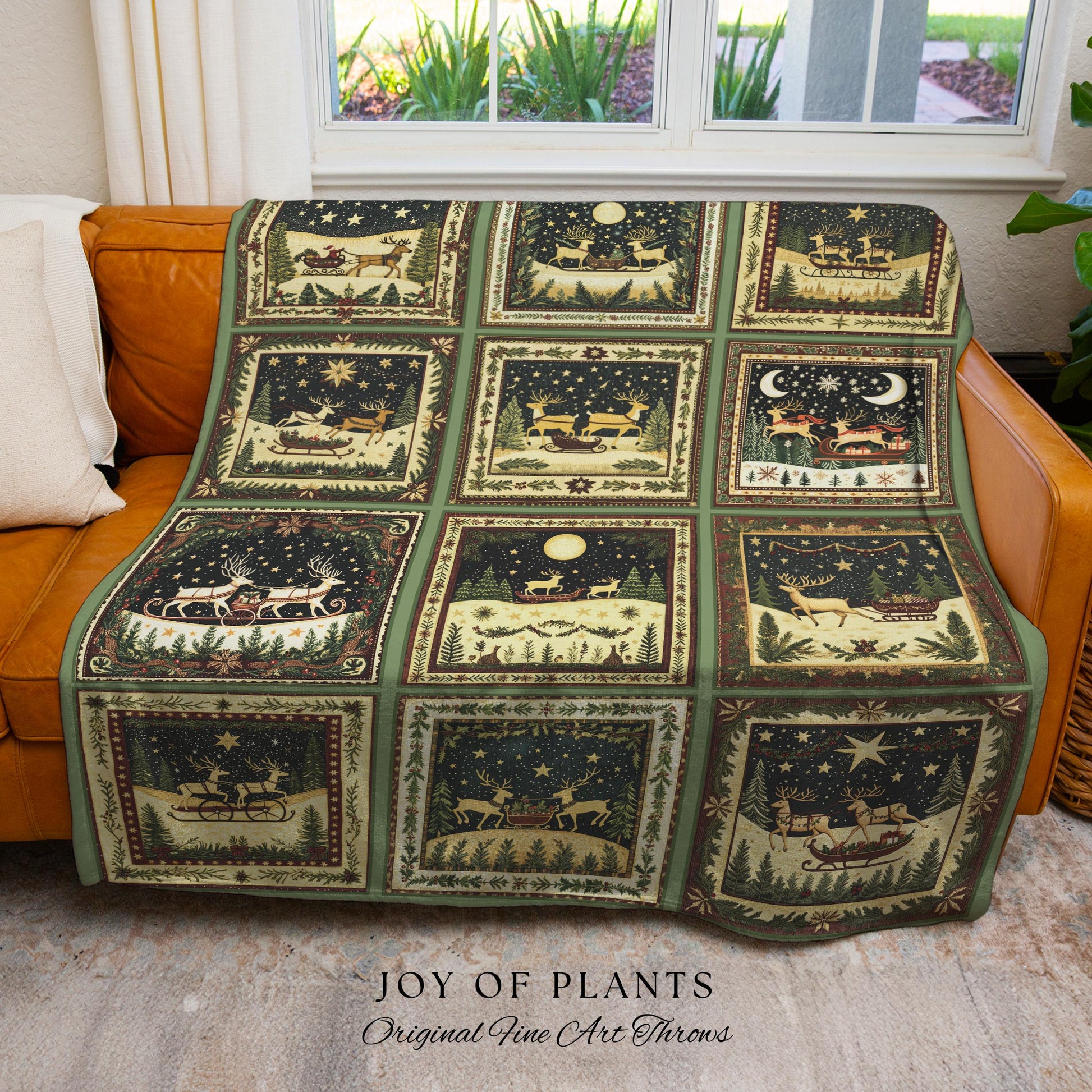 Yuletide Magic Flying Reindeer Blanket | Sage Green Pastel Whimsical Winter Wonderland Scandinavian Folklore Danish Aesthetic Home Decor |