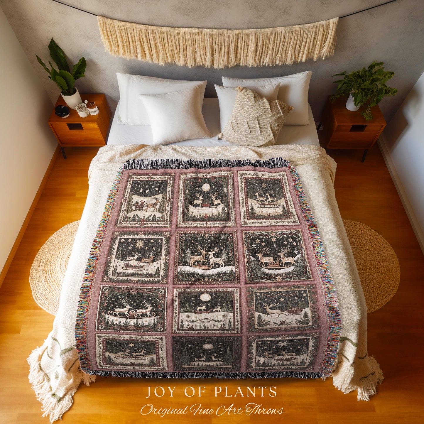 Cute Boho Reindeer Throw Blanket | Pastel Christmas Winter Wonderland Scandinavian Aesthetic Danish Home Decor Festive Whimsical Holiday |