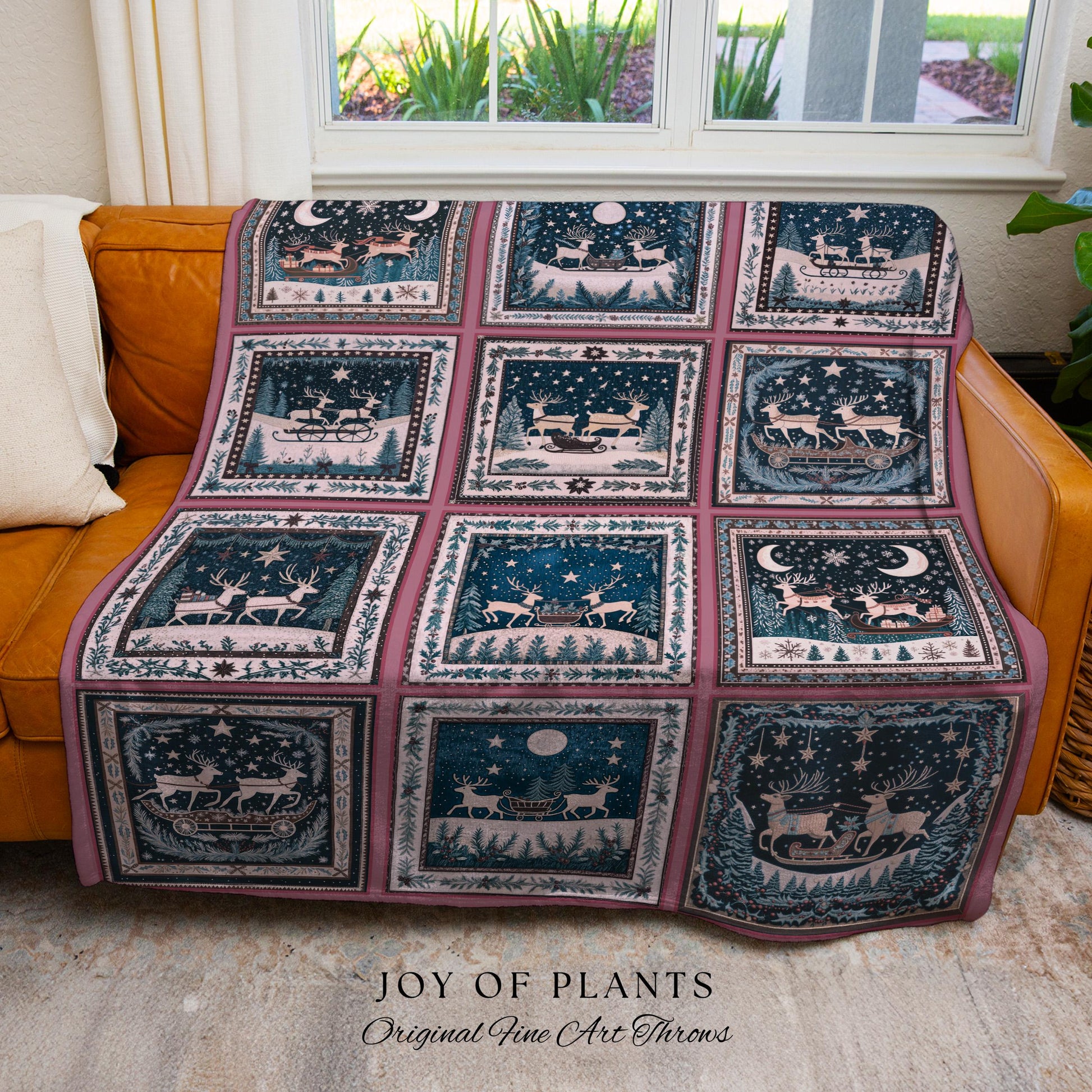 Merry & Bright Reindeer Blanker | Festive Aesthetic Pastel Home Decor Whimsical Holiday Woven Tapestry Boho Scandinavian Style Rustic Cute