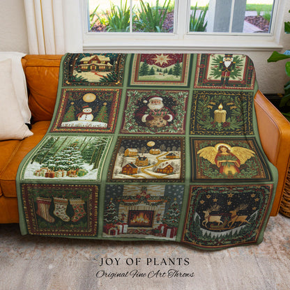 Whimsical Holiday Style Throw Blanket | Sage Green North Star Nostalgia Christmas Woven Tapestry Festive Winter Wonderland Santa Claus Decor
