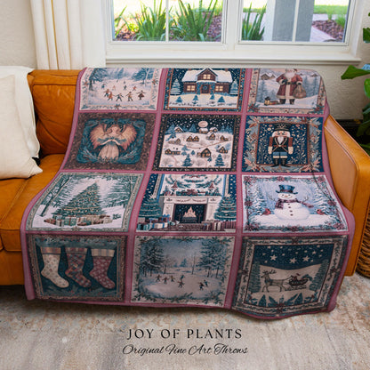 Holiday Magic Pastel Xmas Throw | Rustic Scandinavian Patchwork Whimsical Winter Wonderland Classic Christmas Cozy Vintage Tapestry Blanket