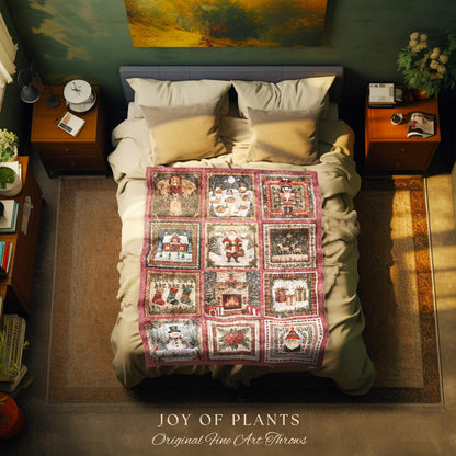 Enchanted Winter Rosy Throw Blanket | Nostalgic Scandinavian Yuletide Tapestry Vintage Christmas Cottagecore Festive Cozy Snowman Decor |