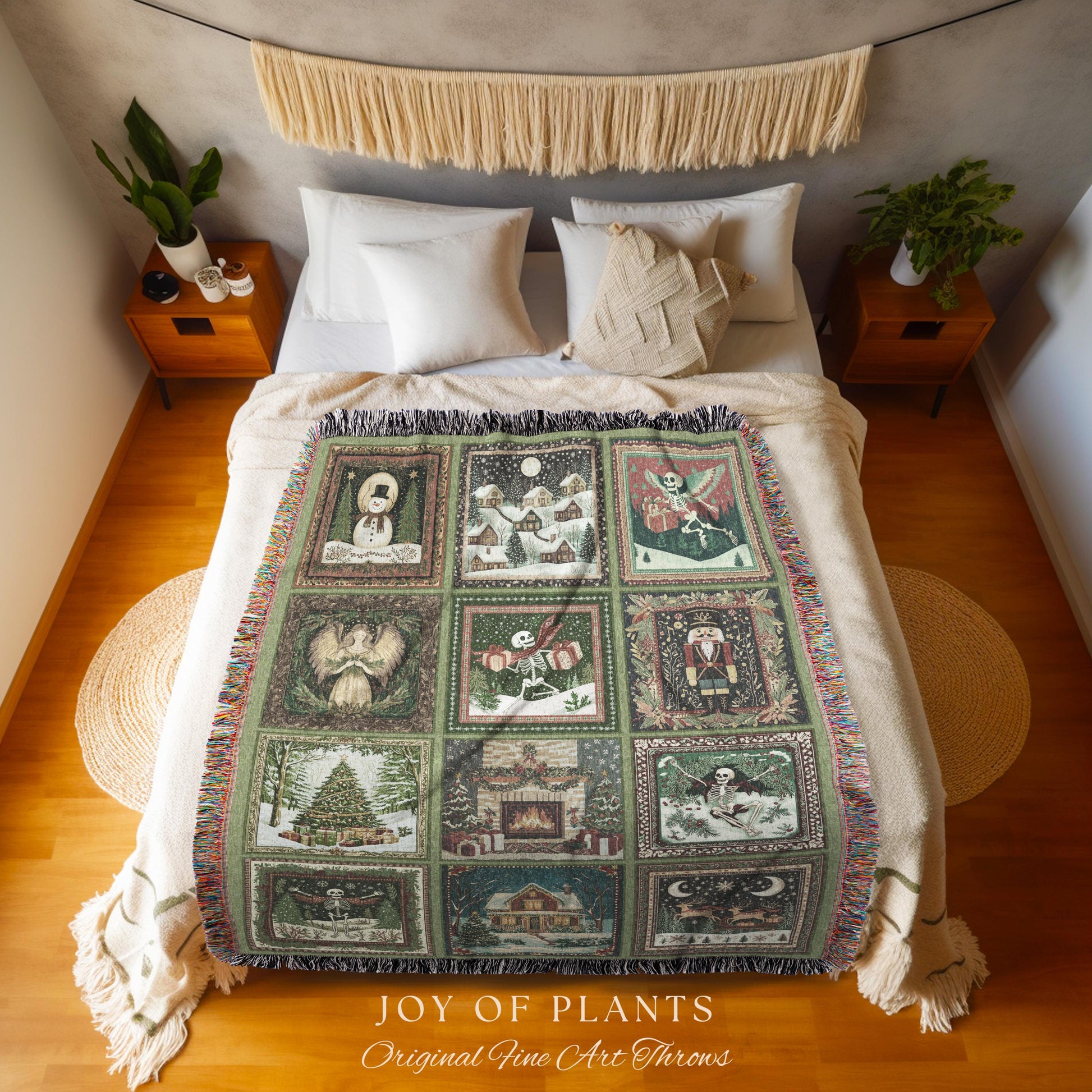 Cute Christmas Patchwork Blanket | Spooky Nostalgic Skeleton Throw Scandinavian Woven Tapestry Poinsettia Holiday Xmas Home Decor Witchy |