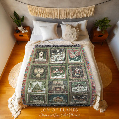 Cute Christmas Patchwork Blanket | Spooky Nostalgic Skeleton Throw Scandinavian Woven Tapestry Poinsettia Holiday Xmas Home Decor Witchy |