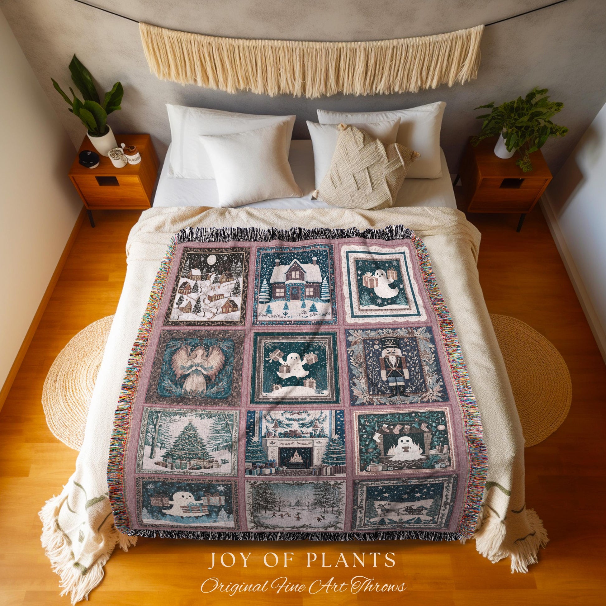 Holiday Boho Scandi Blanket | Spooky Christmas Ghost Throw Nostalgic Festive Home Decor Whimsical Xmas Tree Merry & Bright Pastel Aesthetic