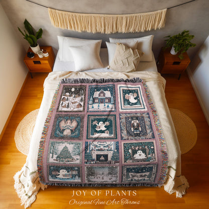 Holiday Boho Scandi Blanket | Spooky Christmas Ghost Throw Nostalgic Festive Home Decor Whimsical Xmas Tree Merry & Bright Pastel Aesthetic
