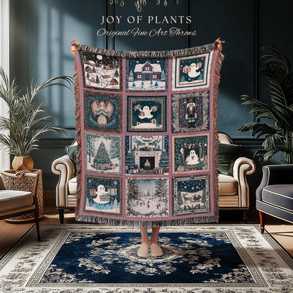 Holiday Boho Scandi Blanket | Spooky Christmas Ghost Throw Nostalgic Festive Home Decor Whimsical Xmas Tree Merry & Bright Pastel Aesthetic