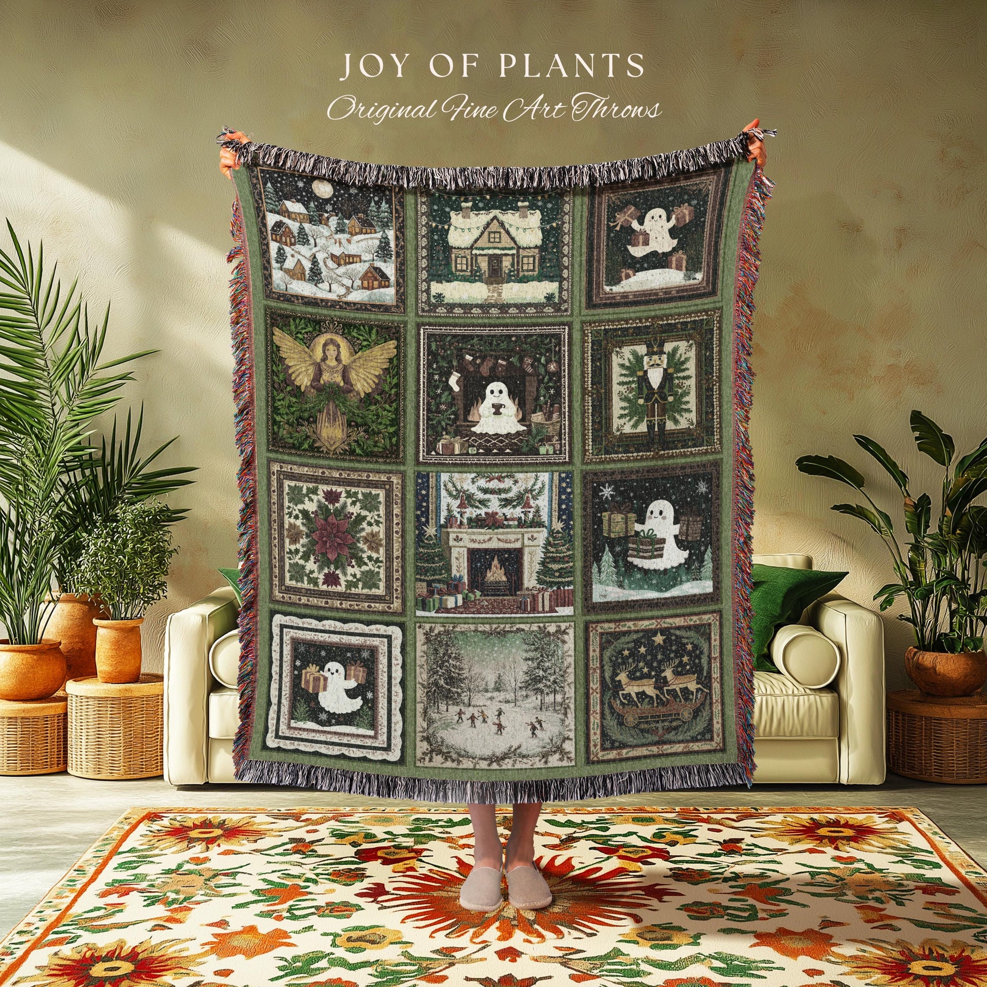 Whimsical Christmas Ghost Throw | Cozy Blanket Making Spirits Bright Retro Holiday Home Aesthetic Olive Green Scandi Boho Witchy Nostalgia |