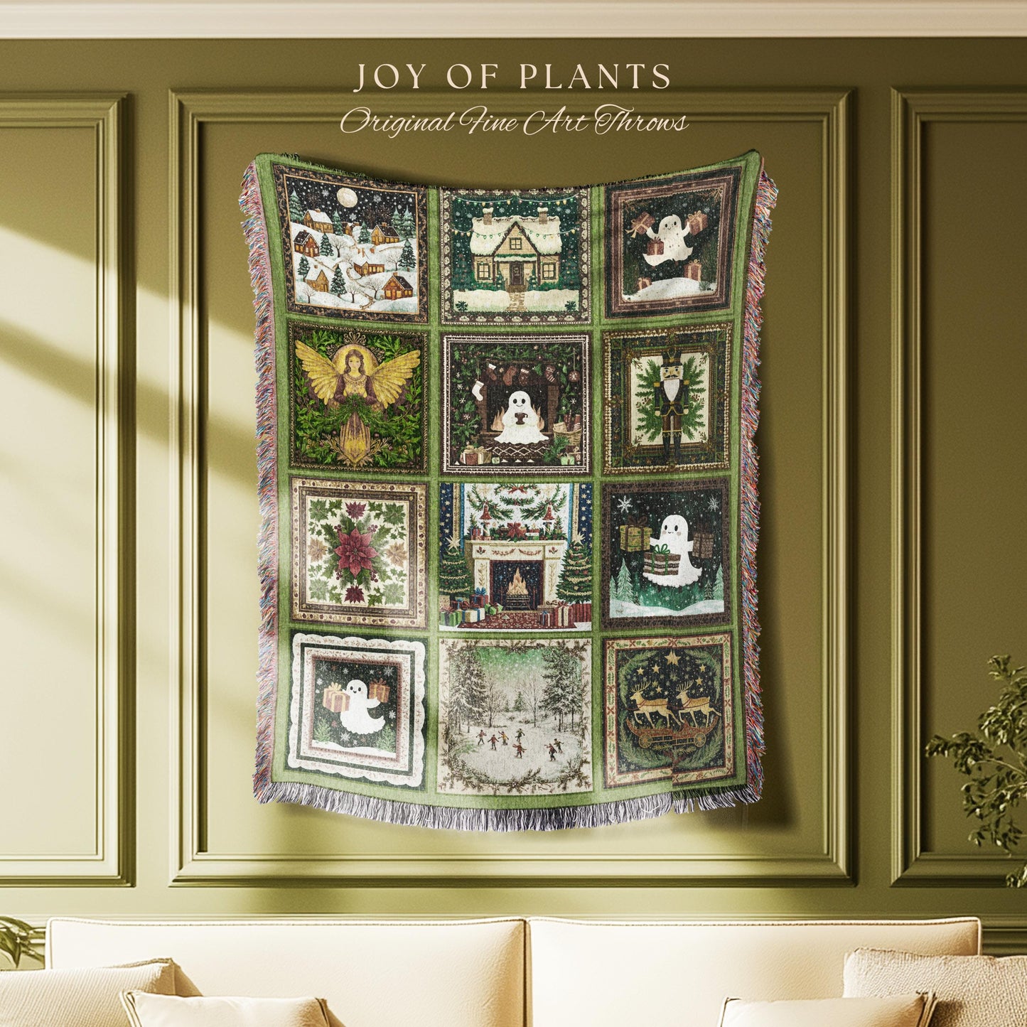 Whimsical Christmas Ghost Throw | Cozy Blanket Making Spirits Bright Retro Holiday Home Aesthetic Olive Green Scandi Boho Witchy Nostalgia |