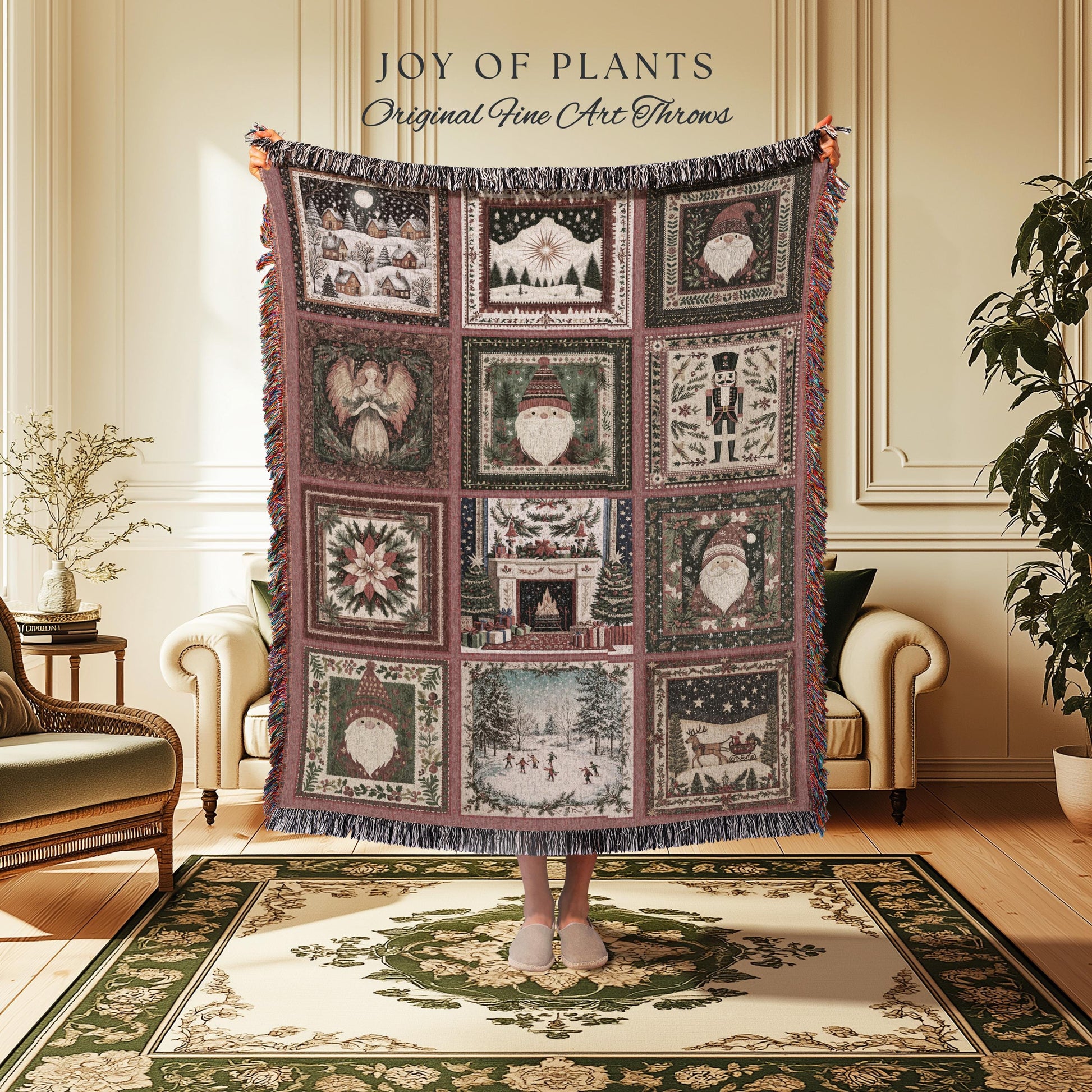 Classic Christmas Patchwork Blanket | Nostalgic Holiday Charm Winter Wonderland Nutcracker Winter Cozy Throw Traditional Xmas Home Decor |