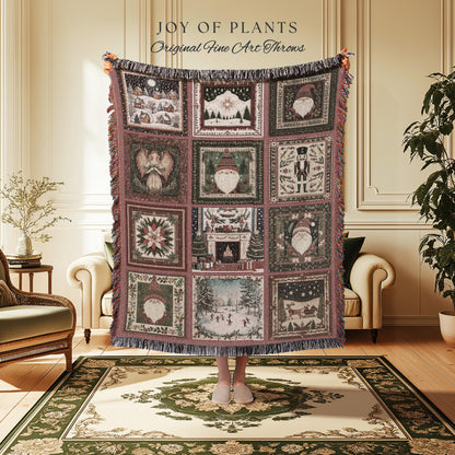 Classic Christmas Patchwork Blanket | Nostalgic Holiday Charm Winter Wonderland Nutcracker Winter Cozy Throw Traditional Xmas Home Decor |