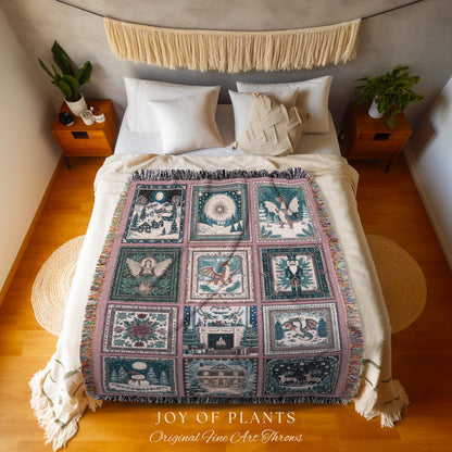 Cozy Dragon Winter Holiday Blanket | Whimsigoth Christmas Decor Cute Eclectic Boho Woven Tapestry Cottagecore Seasonal Nostalgic Accent |