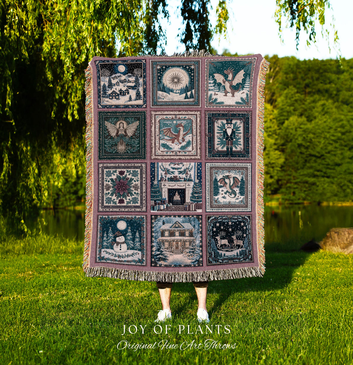 Cozy Dragon Winter Holiday Blanket | Whimsigoth Christmas Decor Cute Eclectic Boho Woven Tapestry Cottagecore Seasonal Nostalgic Accent |