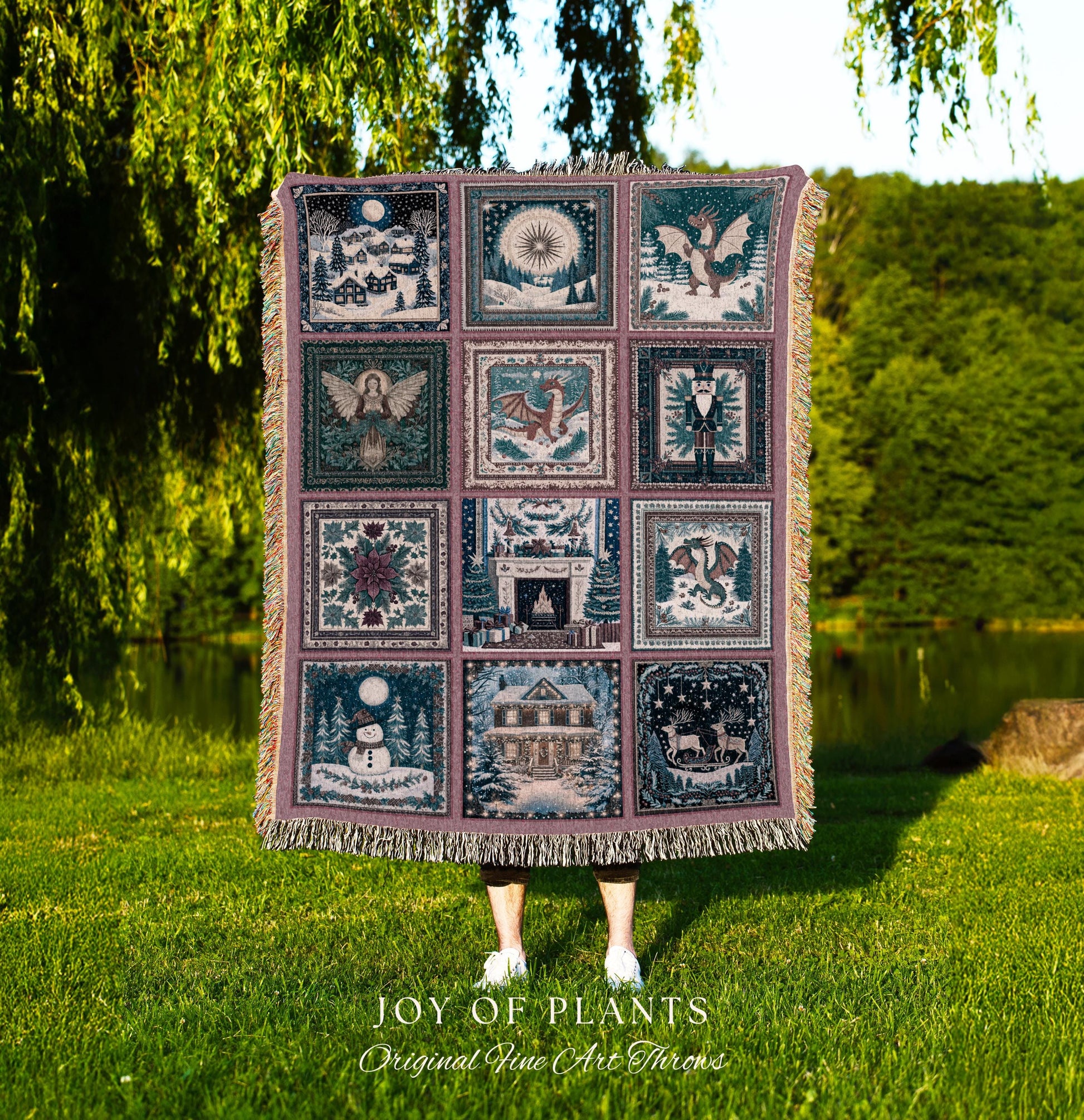 Cozy Dragon Winter Holiday Blanket | Whimsigoth Christmas Decor Cute Eclectic Boho Woven Tapestry Cottagecore Seasonal Nostalgic Accent |