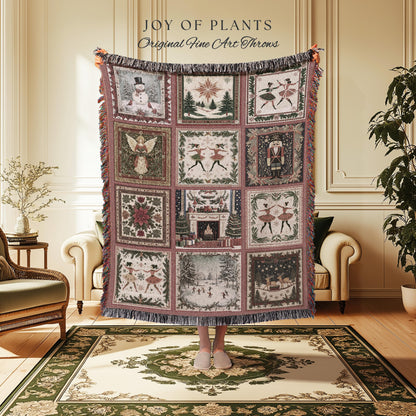 Rosy Winter Ballerinas Xmas Throw | Whimsical Cottagecore Boho Nordic Winter Festive Sugarplum Fairy Holiday Cozy Nostalgic Nutcracker Decor