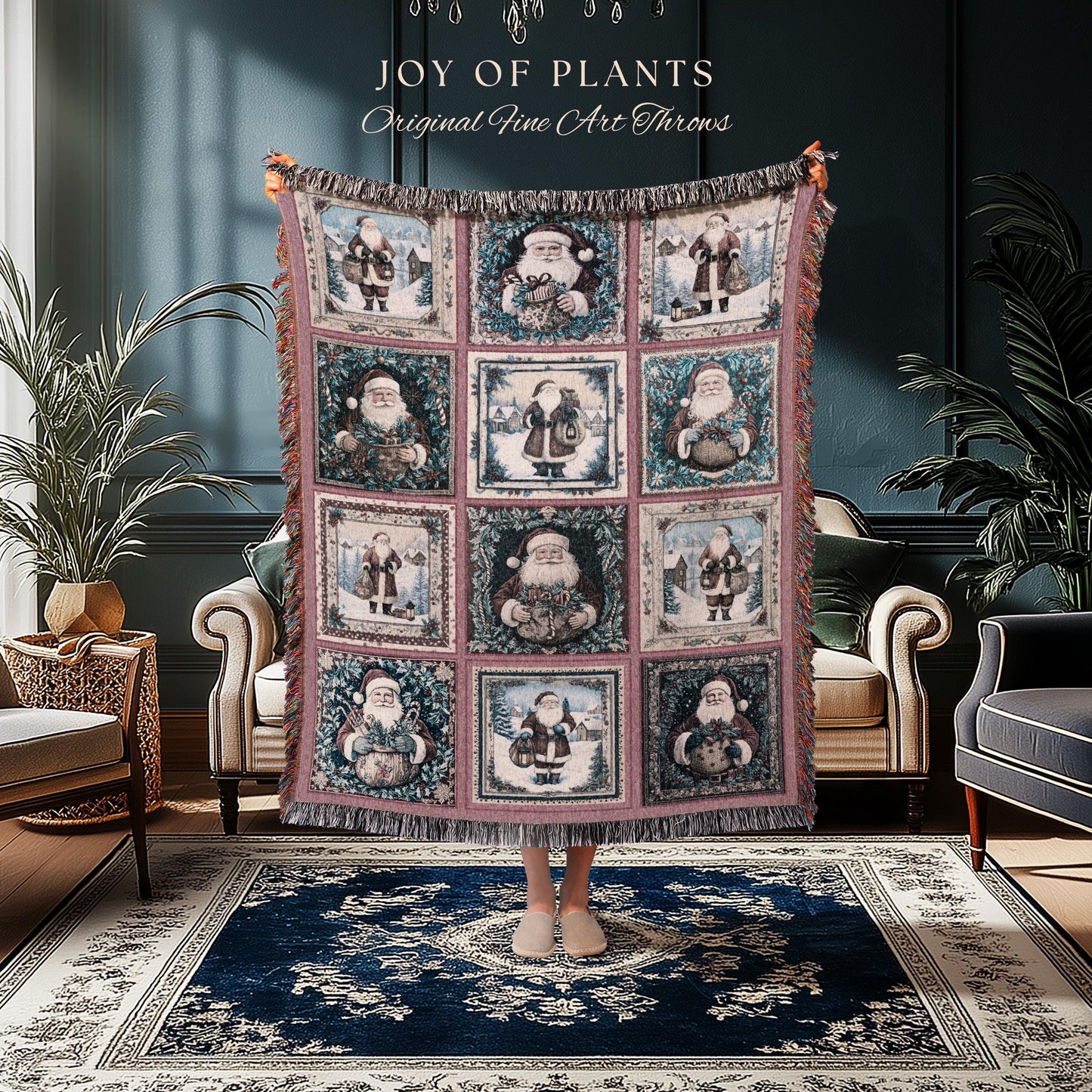 Santa Claus Rustic Pastel Throw Blanket | Boho Holiday Cozy Hygge Home Decor Saint Nick Xmas Trendy Tapestry Festive Elegance Danish Pastel