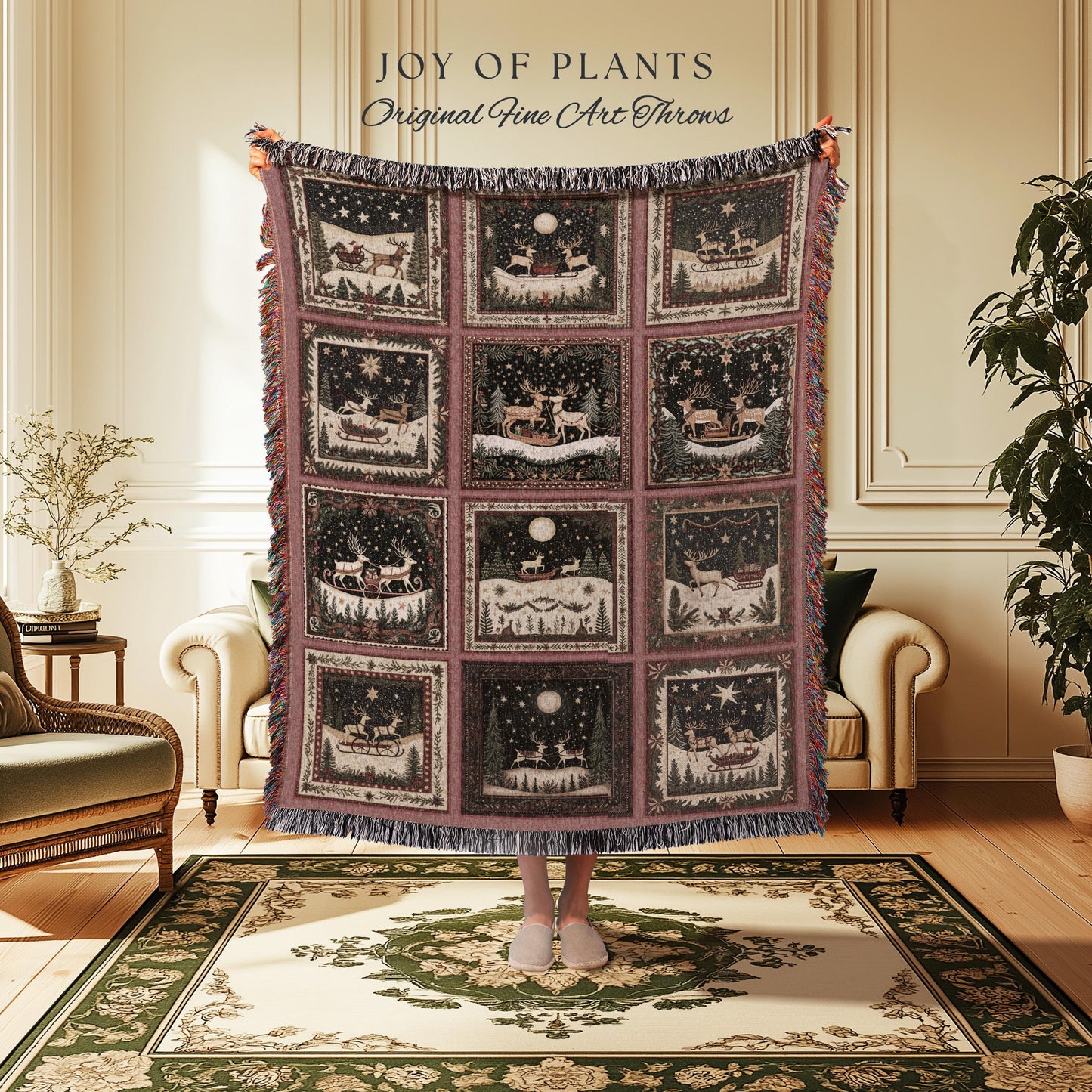 Cute Boho Reindeer Throw Blanket | Pastel Christmas Winter Wonderland Scandinavian Aesthetic Danish Home Decor Festive Whimsical Holiday |