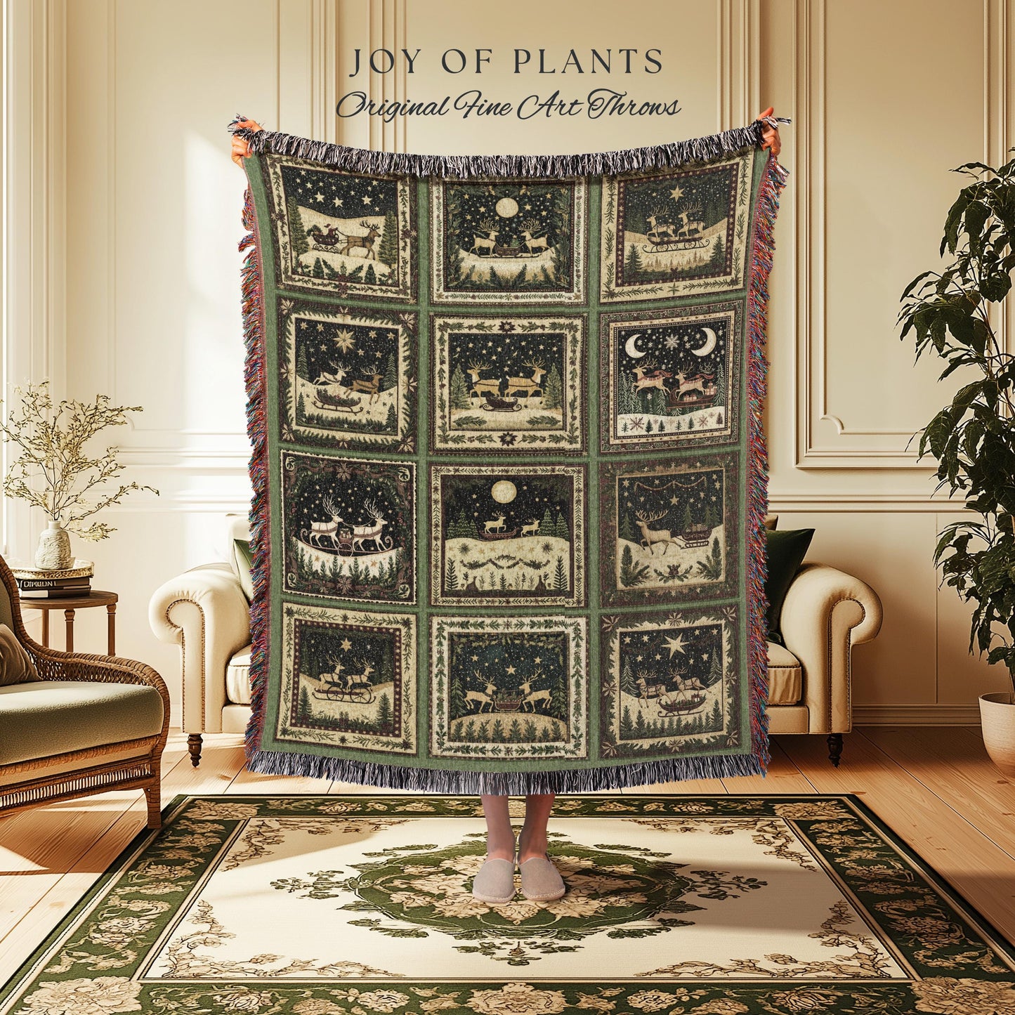 Yuletide Magic Flying Reindeer Blanket | Sage Green Pastel Whimsical Winter Wonderland Scandinavian Folklore Danish Aesthetic Home Decor |