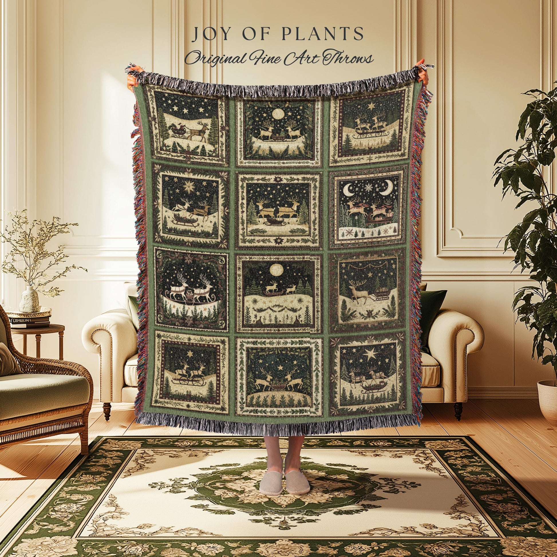 Yuletide Magic Flying Reindeer Blanket | Sage Green Pastel Whimsical Winter Wonderland Scandinavian Folklore Danish Aesthetic Home Decor |