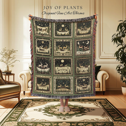 Yuletide Magic Flying Reindeer Blanket | Sage Green Pastel Whimsical Winter Wonderland Scandinavian Folklore Danish Aesthetic Home Decor |