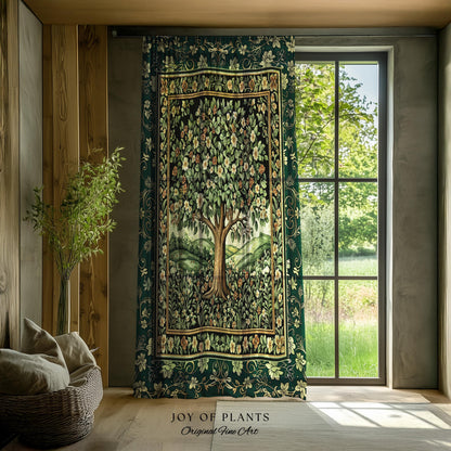 May include: A green tapestry curtain with a detailed image of a tree with green leaves and white flowers. The tapestry is framed with a gold border and has the words &#39;JOY OF PLANTS Original Fine Art&#39; at the bottom.