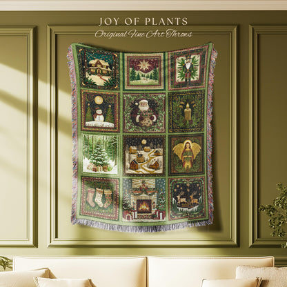 Whimsical Holiday Style Throw Blanket | Sage Green North Star Nostalgia Christmas Woven Tapestry Festive Winter Wonderland Santa Claus Decor