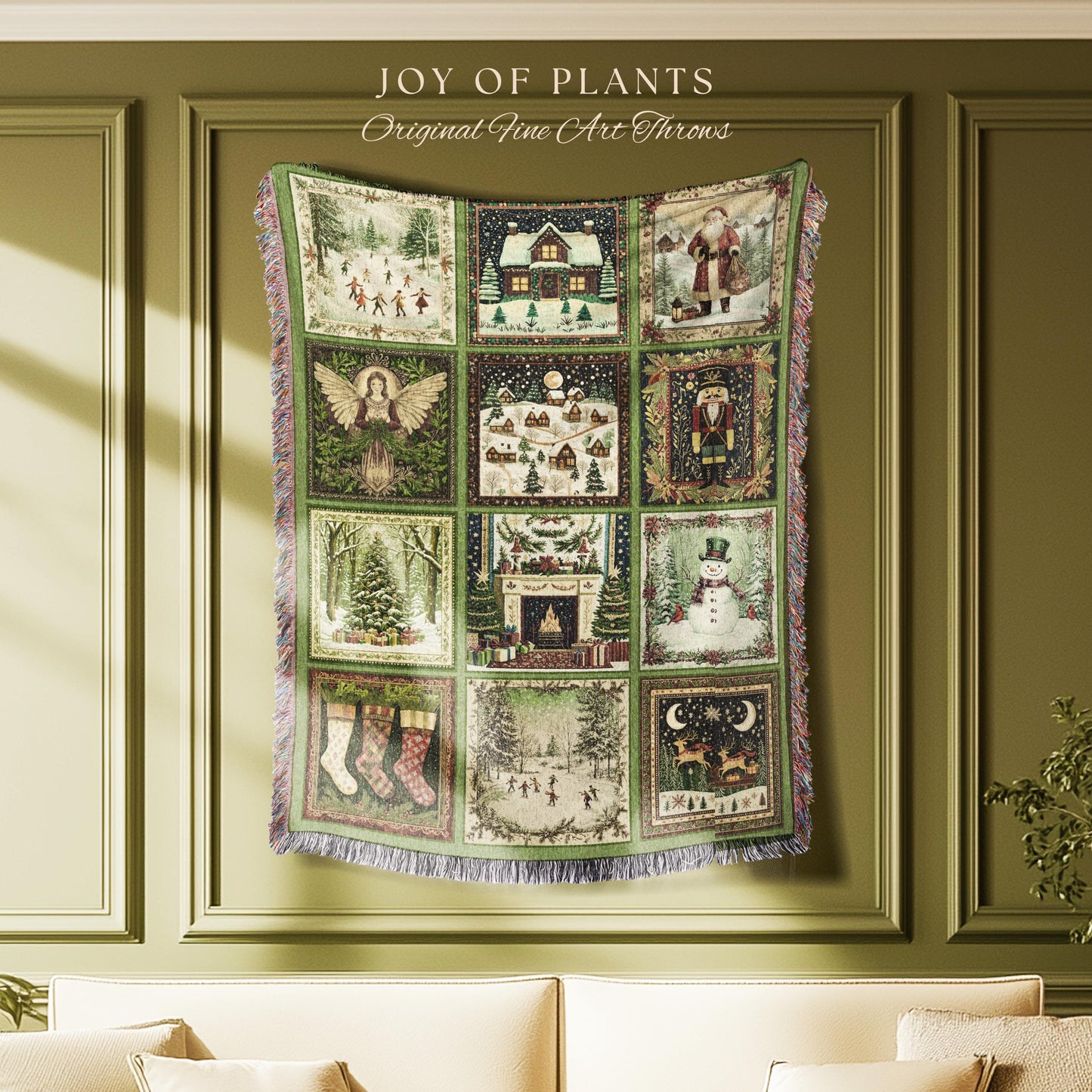 Folklore Xmas Retro Holiday Blanket | Retro Festive Nostalgic Christmas Charm Cozy Cottagecore Winter Wonderland Woven Tapestry Sage green |